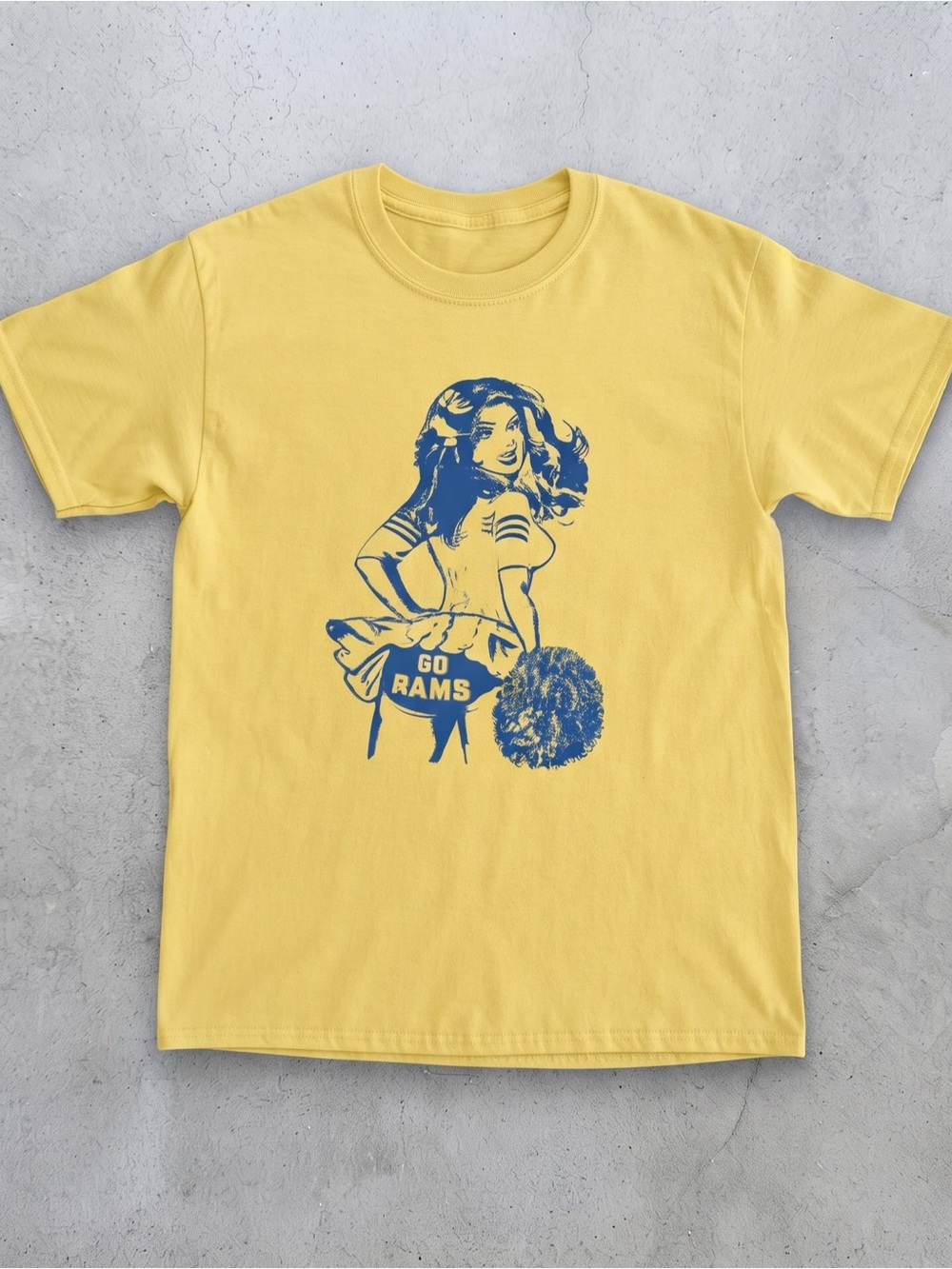 Vintage Cheerleader "Go Rams" Graphic Yellow Tee - Gildan Heavy Cotton